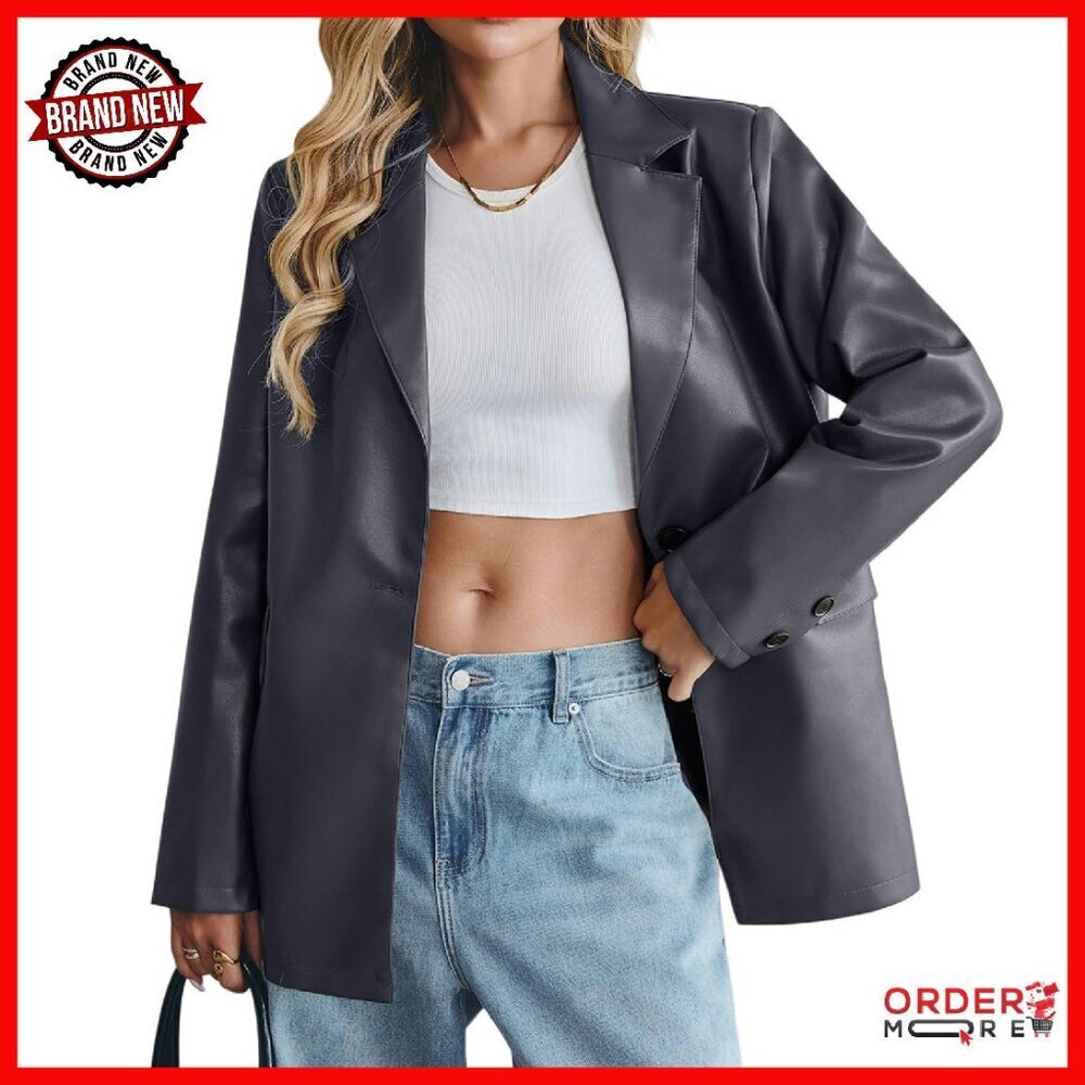 Oversized Faux Leather Blazer Bomber Jacket with Pockets Women's